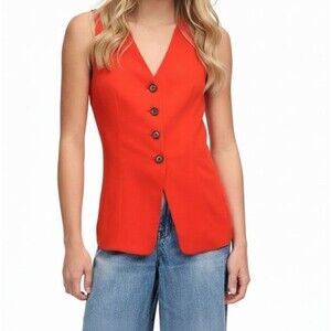 Madewell Cutaway Long Vest Woman 8 Orange V-Neck Suiting Bright Flame NU440